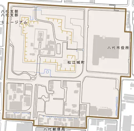 松江城町とその周辺の地図。町の範囲を重ねている