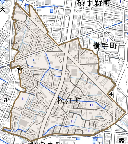 松江町とその周辺の地図。町の範囲を重ねている