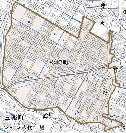 松崎町とその周辺の地図。町の範囲を重ねている