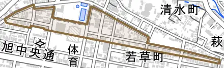 緑町とその周辺の地図。町の範囲を重ねている