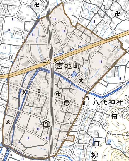 宮地町とその周辺の地図。町の範囲を重ねている