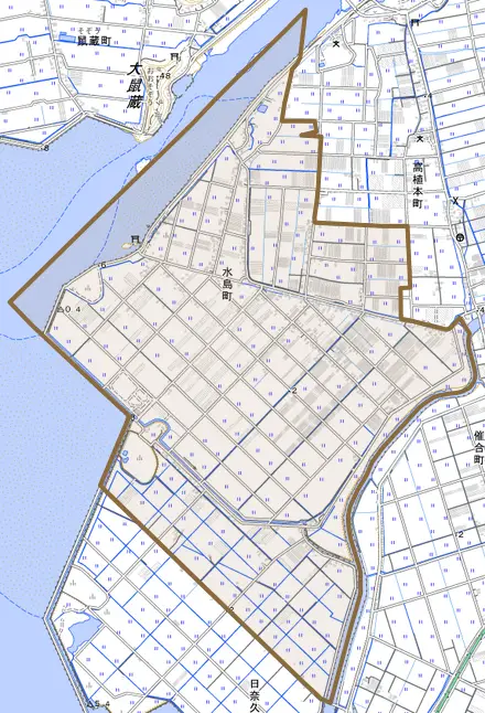 水島町とその周辺の地図。町の範囲を重ねている