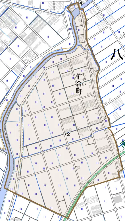 催合町とその周辺の地図。町の範囲を重ねている