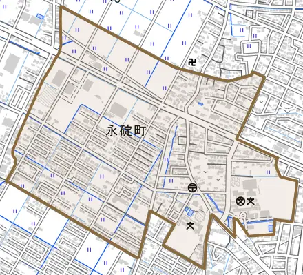 永碇町とその周辺の地図。町の範囲を重ねている