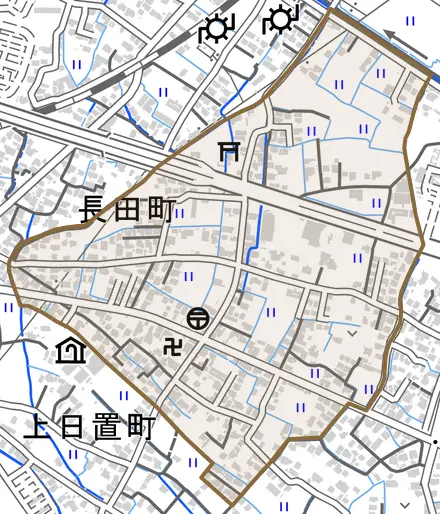 長田町とその周辺の地図。町の範囲を重ねている