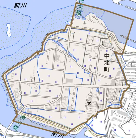 中北町とその周辺の地図。町の範囲を重ねている