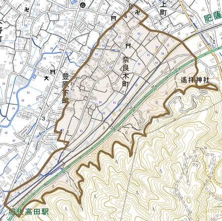 奈良木町とその周辺の地図。町の範囲を重ねている