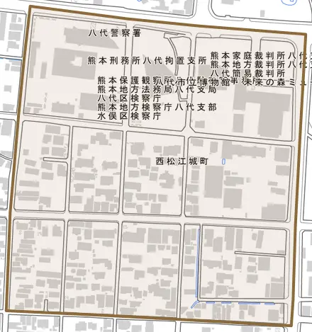 西松江城町とその周辺の地図。町の範囲を重ねている