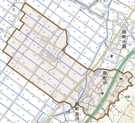 岡町中とその周辺の地図。町の範囲を重ねている