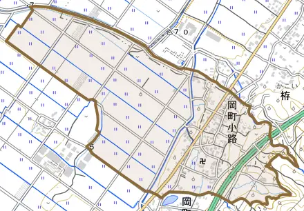 岡町小路とその周辺の地図。町の範囲を重ねている