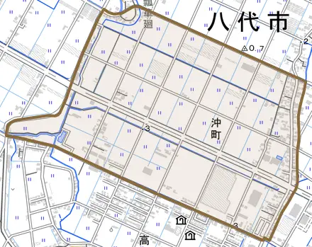 沖町とその周辺の地図。町の範囲を重ねている