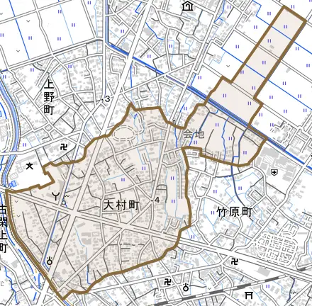 大村町とその周辺の地図。町の範囲を重ねている