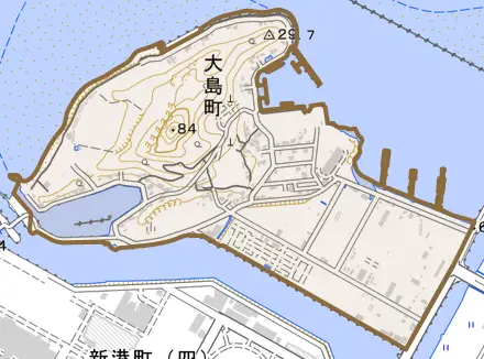 大島町とその周辺の地図。町の範囲を重ねている