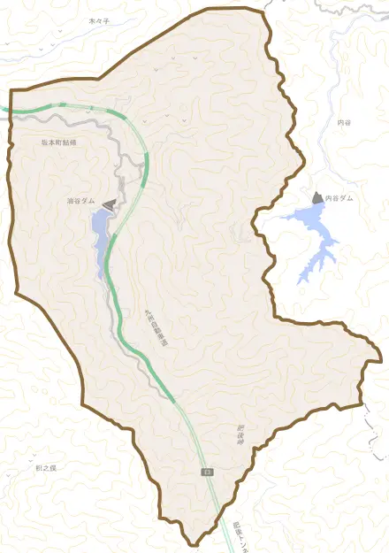坂本町鮎帰とその周辺の地図。町の範囲を重ねている