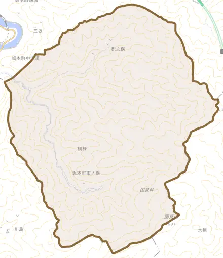 坂本町市ノ俣とその周辺の地図。町の範囲を重ねている