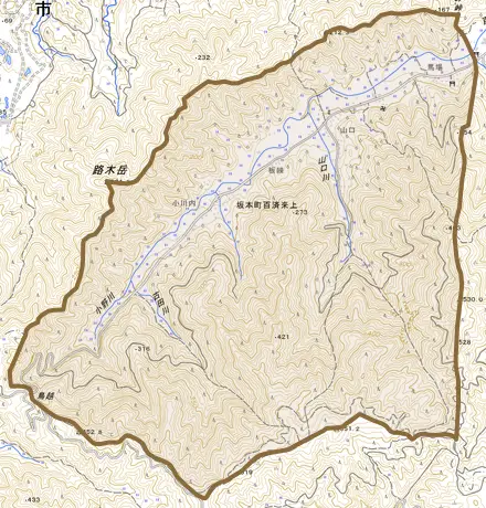 坂本町百済来上とその周辺の地図。町の範囲を重ねている