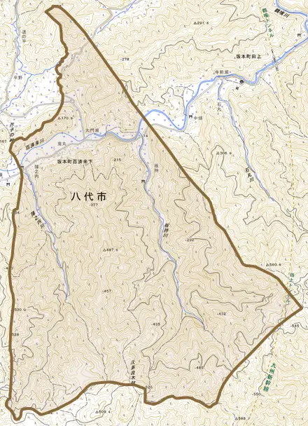 坂本町百済来下とその周辺の地図。町の範囲を重ねている