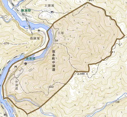 坂本町中津道とその周辺の地図。町の範囲を重ねている