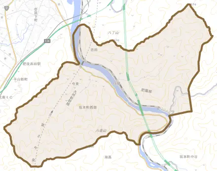 坂本町西部とその周辺の地図。町の範囲を重ねている