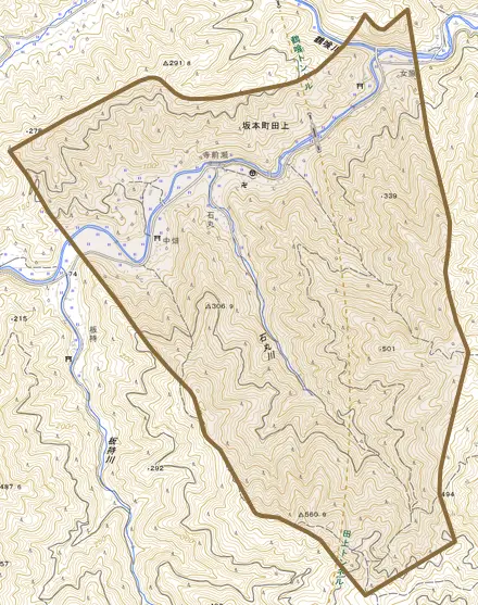 坂本町田上とその周辺の地図。町の範囲を重ねている