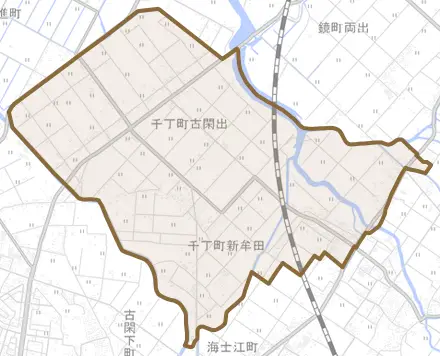 千丁町古閑出とその周辺の地図。町の範囲を重ねている