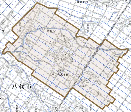 千丁町太牟田とその周辺の地図。町の範囲を重ねている