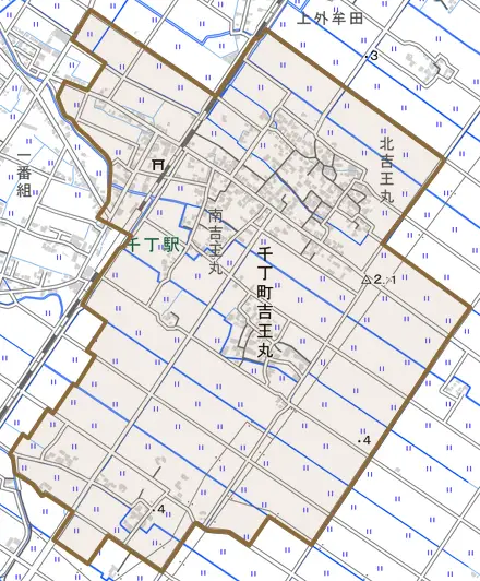 千丁町吉王丸とその周辺の地図。町の範囲を重ねている