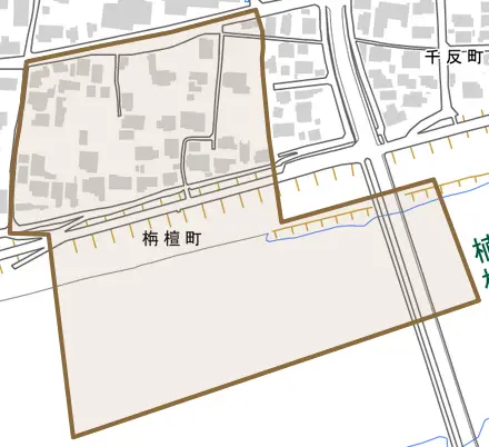 栴檀町とその周辺の地図。町の範囲を重ねている