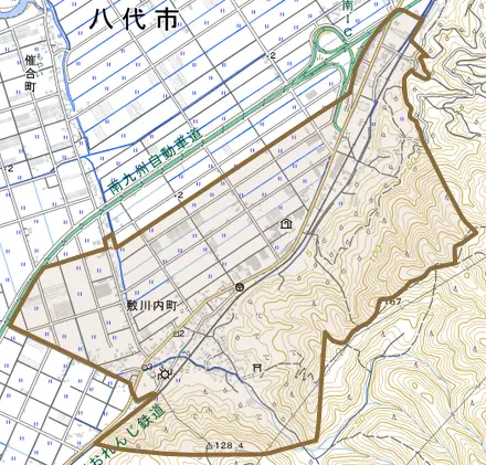敷川内町とその周辺の地図。町の範囲を重ねている