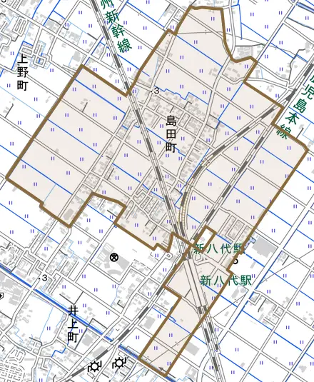 島田町とその周辺の地図。町の範囲を重ねている