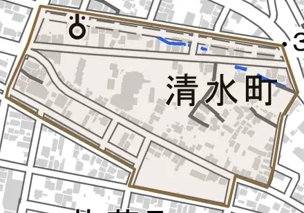 清水町とその周辺の地図。町の範囲を重ねている