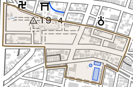 新町とその周辺の地図。町の範囲を重ねている