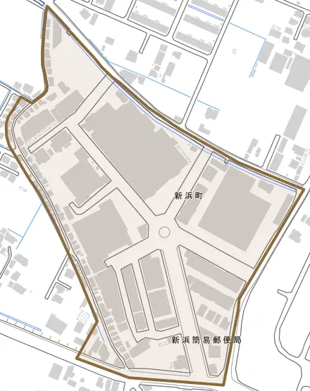新浜町とその周辺の地図。町の範囲を重ねている