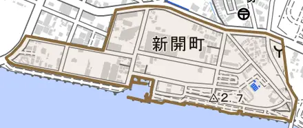 新開町とその周辺の地図。町の範囲を重ねている