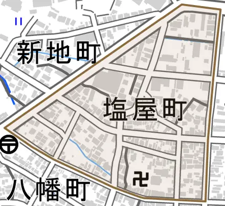 塩屋町とその周辺の地図。町の範囲を重ねている