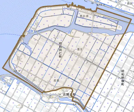 昭和同仁町とその周辺の地図。町の範囲を重ねている