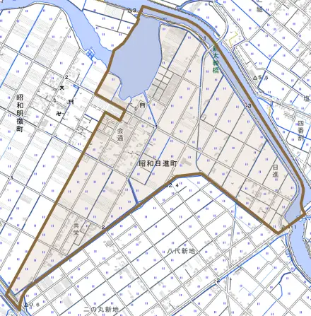 昭和日進町とその周辺の地図。町の範囲を重ねている