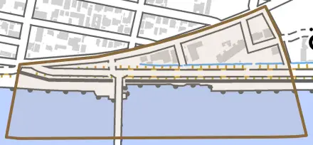 末広町とその周辺の地図。町の範囲を重ねている