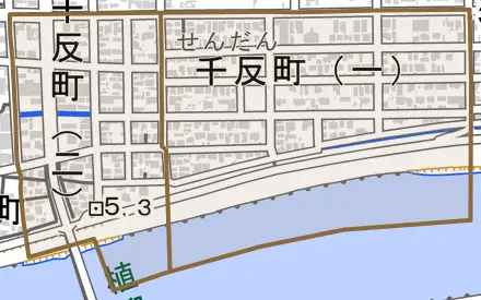 千反町とその周辺の地図。町の範囲を重ねている