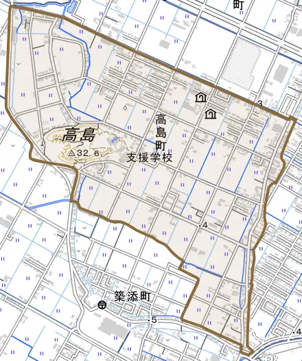 高島町とその周辺の地図。町の範囲を重ねている
