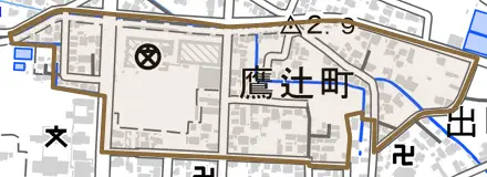 鷹辻町とその周辺の地図。町の範囲を重ねている