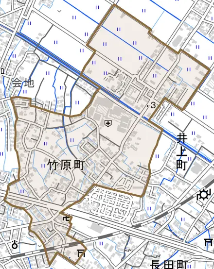 竹原町とその周辺の地図。町の範囲を重ねている