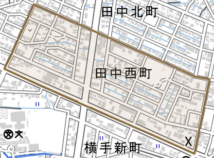 田中西町とその周辺の地図。町の範囲を重ねている