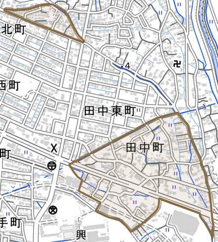 田中町とその周辺の地図。町の範囲を重ねている
