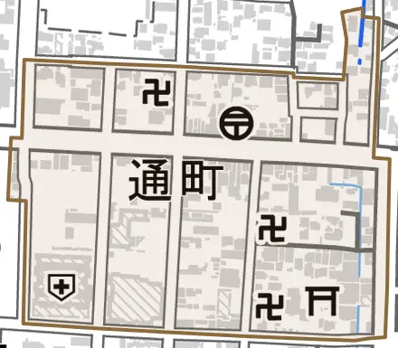 通町とその周辺の地図。町の範囲を重ねている