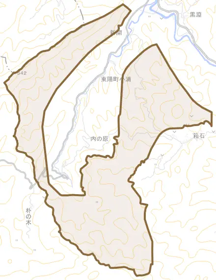 東陽町小浦とその周辺の地図。町の範囲を重ねている