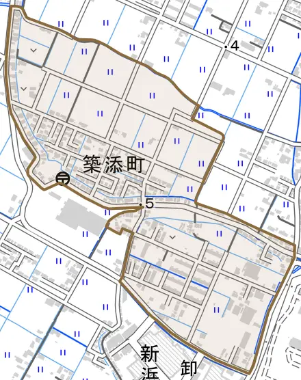 築添町とその周辺の地図。町の範囲を重ねている