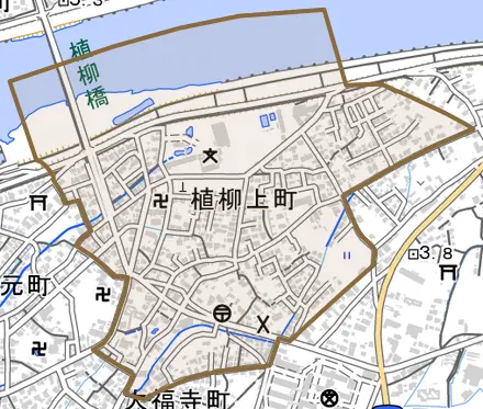 植柳上町とその周辺の地図。町の範囲を重ねている