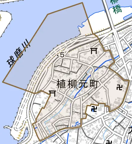 植柳元町とその周辺の地図。町の範囲を重ねている