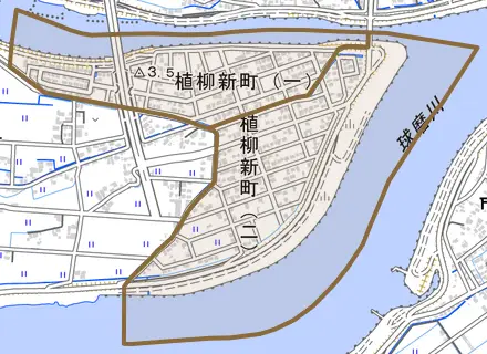植柳新町とその周辺の地図。町の範囲を重ねている